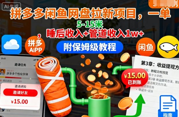 拼多多闲鱼网盘拉新项目，一单5-15米，睡后收入+管道收入1w+(附保姆级教程)-α阿尔法Trader