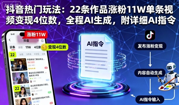 抖音热门玩法：22条作品涨粉11W单条视频变现4位数，全程AI生成，附详细AI指令-α阿尔法Trader