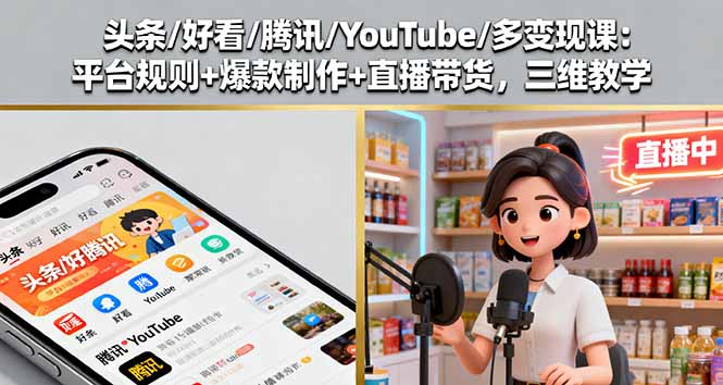 头条/好看/腾讯/YouTube/多变现课：平台规则+爆款制作+直播带货，三维教学-α阿尔法Trader