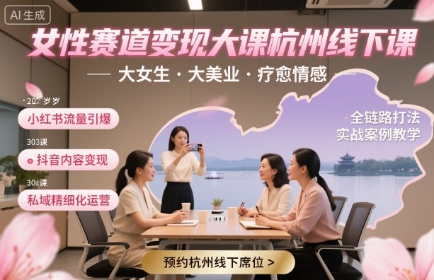 女性赛道变现大课杭州线下，大女生，大美业，疗愈情感，一套小红书、抖音、私域全链路打法-α阿尔法Trader