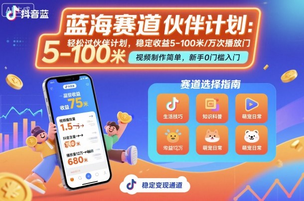 抖音蓝海赛道，轻松过伙伴计划，视频制作简单，万次播放收益在5-100米，稳定收益-α阿尔法Trader