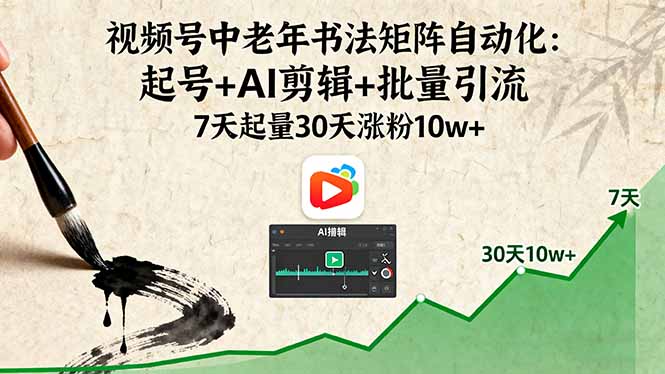 视频号中老年书法矩阵自动化：起号+AI剪辑+批量引流 7天起量30天涨粉10w+-α阿尔法Trader