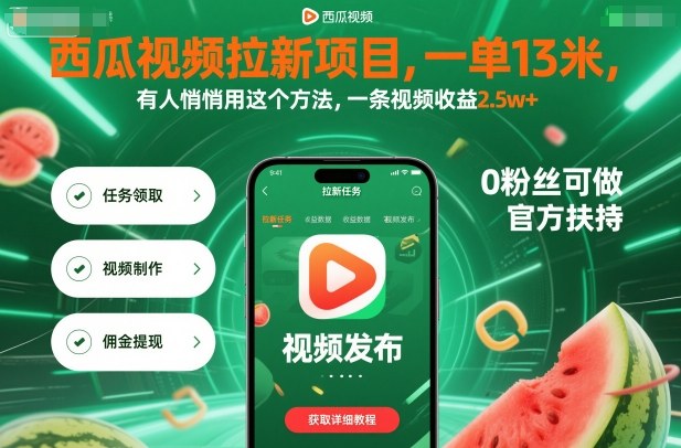 西瓜视频拉新项目，一单13米，有人悄悄用这个方法，一条视频收益2.5w+(附详细教程)-α阿尔法Trader