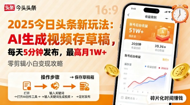 2025年今日头条躺賺新玩法，AI生成视频存草稿，每天5分钟发布，最高月1W+【揭秘】-α阿尔法Trader