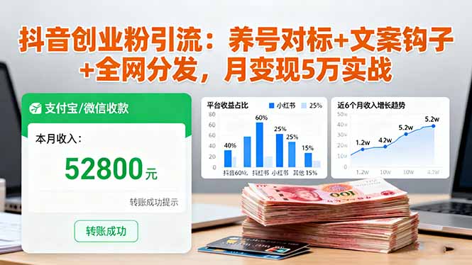 抖音创业粉引流：养号对标+文案钩子+全网分发，月变现5万实战-α阿尔法Trader