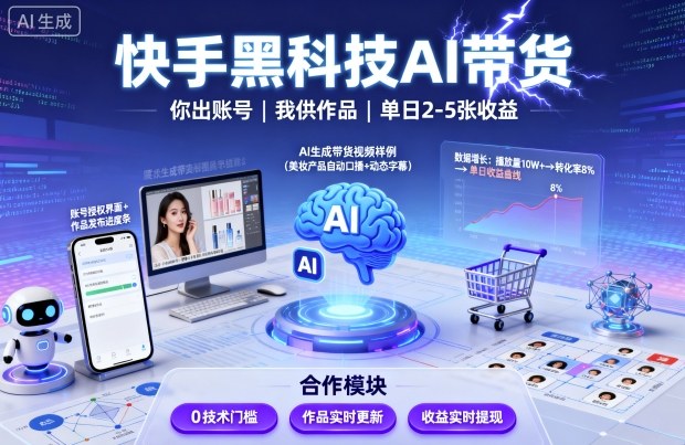 快手黑科技AI带货，你提供账号，我提供作品并发布，单日2-5张【揭秘】-α阿尔法Trader