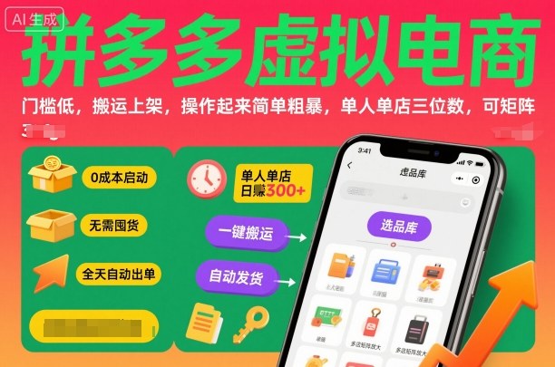 拼多多虚拟电商，门槛低，搬运上架，操作起来简单粗暴，单人单店三位数，可矩阵-α阿尔法Trader