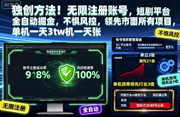 独创方法!无限注册账号,短剧平台全自动掘金,不惧风控,领先市面所有项目,单机一天3张【揭秘】-α阿尔法Trader